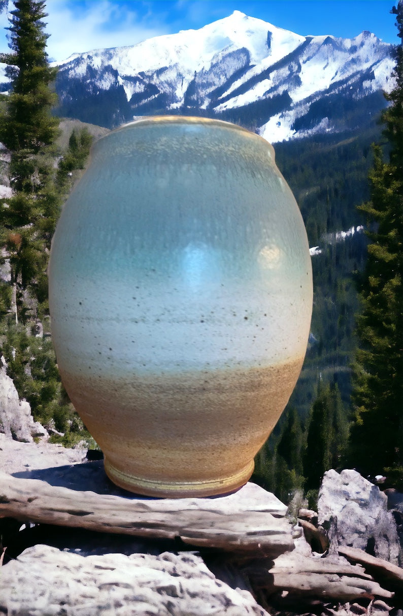 Wheel-Thrown Pottery Art Piece/Vase- Beautiful Earth Tones- Sunset Sky Blue, Creams and Browns, Dimensions: 13h"x10w"
