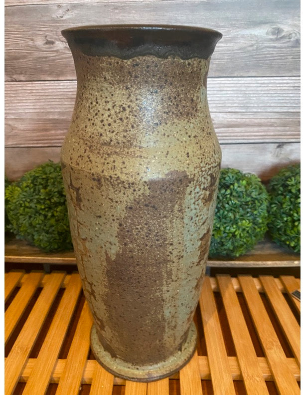 Wheel-Thrown Pottery Art Piece- Speckled Browns, Green/Blue, Earth Tone Vase, Dimensions: 11.5h"x5w"