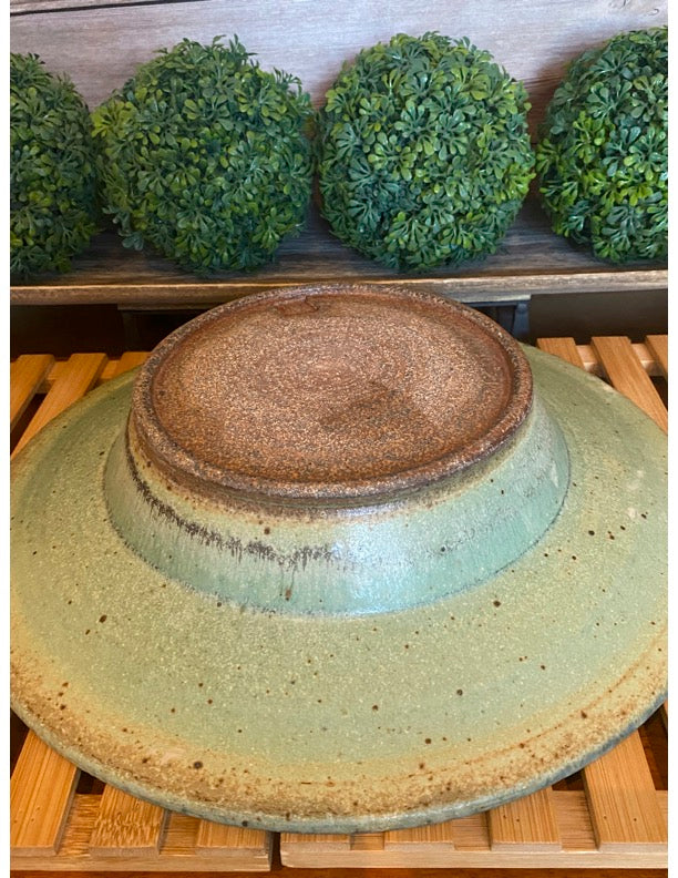 Wheel-Thrown Pottery Art Piece- Glazed and Fired Platter/Bowl, Multi-Emerald Green/Browns, Dimensions: 12"round x 3"high
