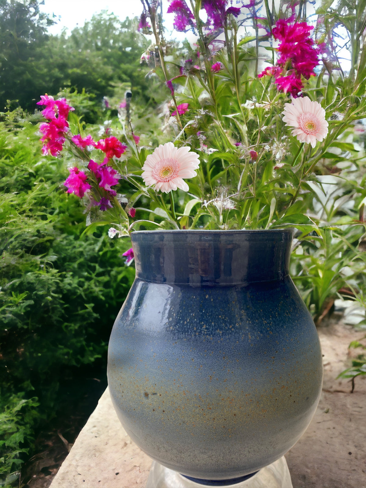 Wheel-Thrown Pottery Art Piece- Multiple Shades of Blue, with Light and Dark Copper Streaks and Speckles, Dimensions: 11.5h"x9.5w"