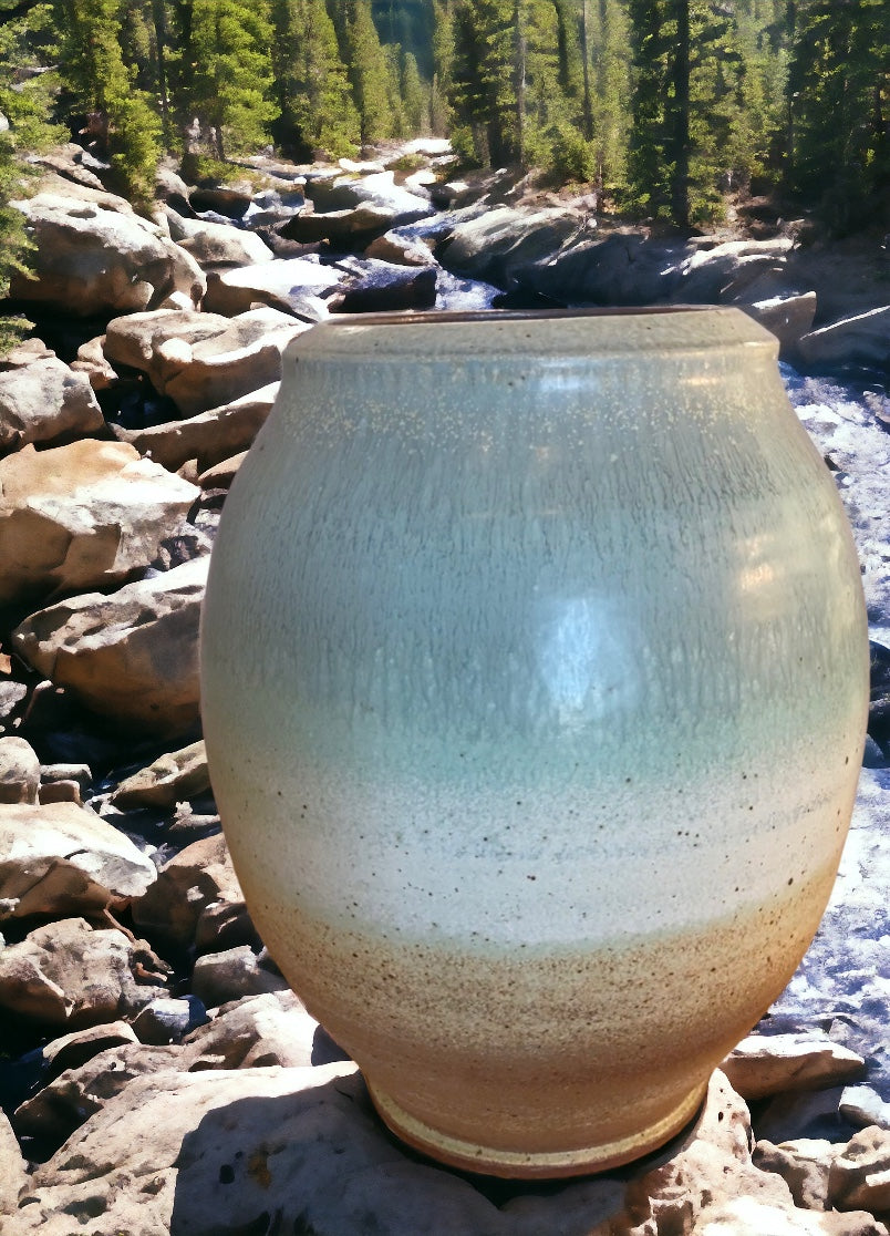 Wheel-Thrown Pottery Art Piece/Vase- Beautiful Earth Tones- Sunset Sky Blue, Creams and Browns, Dimensions:  13h"x10w"