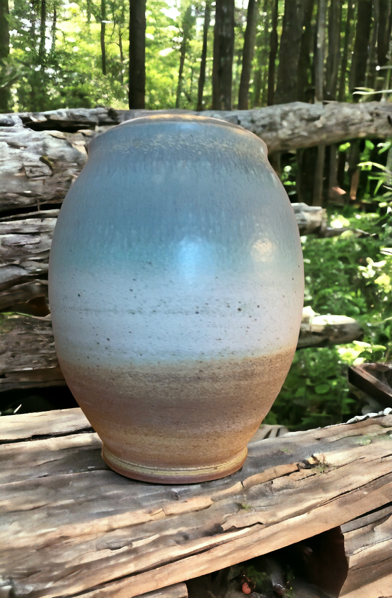 Wheel-Thrown Pottery Art Piece/Vase- Beautiful Earth Tones- Sunset Sky Blue, Creams and Browns, Dimensions:  13h"x10w"