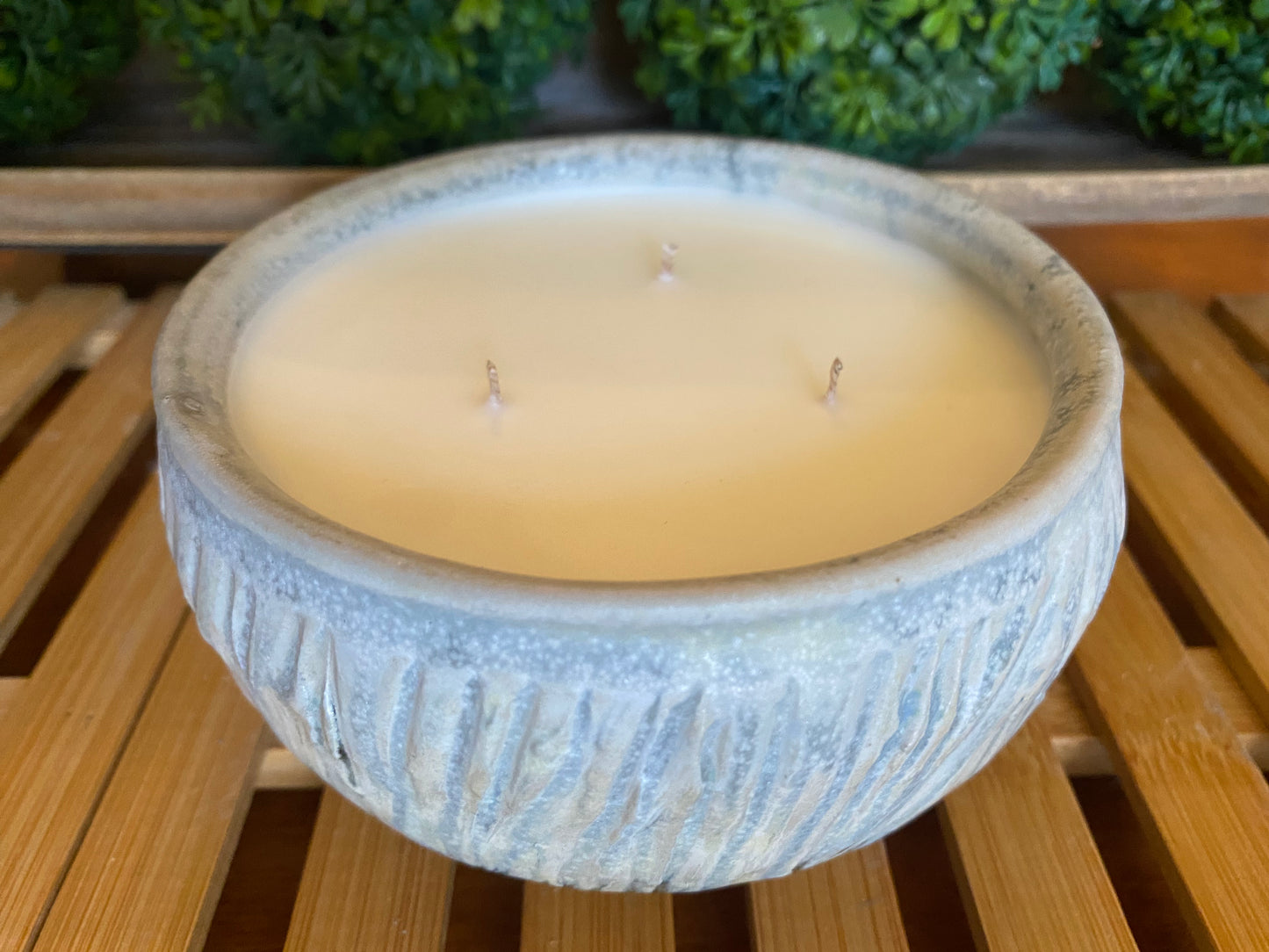 Handcrafted, Wheel-Thrown Container Candle- Medium Shallow Vessel, Textured White/Blue Bowl- 12oz Luxury, Long-Burning Soy Wax- Phthalate Free Fragrance