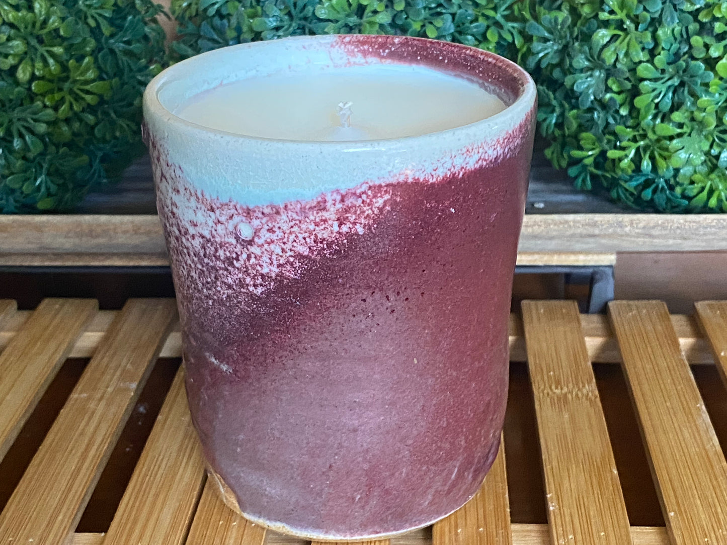 Handcrafted, Wheel-Thrown Container Candle- Medium Red Vessel Textured Designs- 12oz Luxury, Long-Burning Soy Wax- Phthalate Free Fragrance