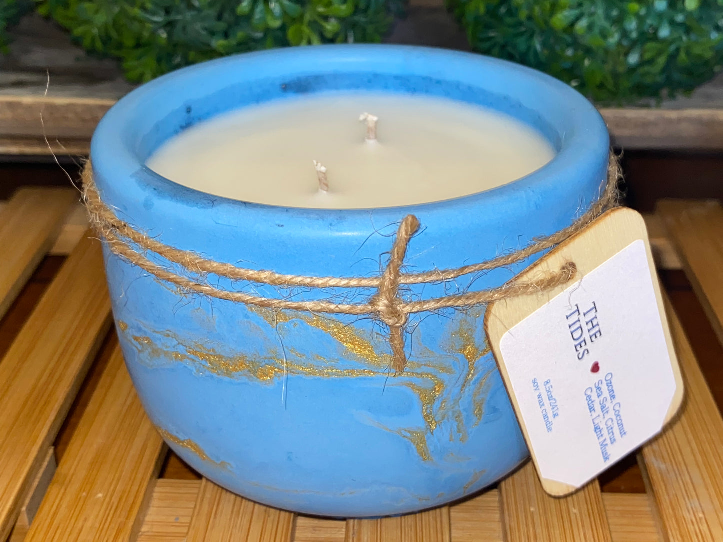 Handcrafted Concrete Container Candle- Tulip Shape, Royal Blue, Gold Veined Candle- 8oz Double Wick, Luxury, Long-Burning Soy Wax- Phthalate Free Fragrance