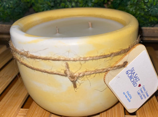Handcrafted Concrete Container Candle- Tulip Shape, Yellow and White Marbled- 8oz Double Wick, Luxury, Long-Burning Soy Wax- Phthalate Free Fragrance