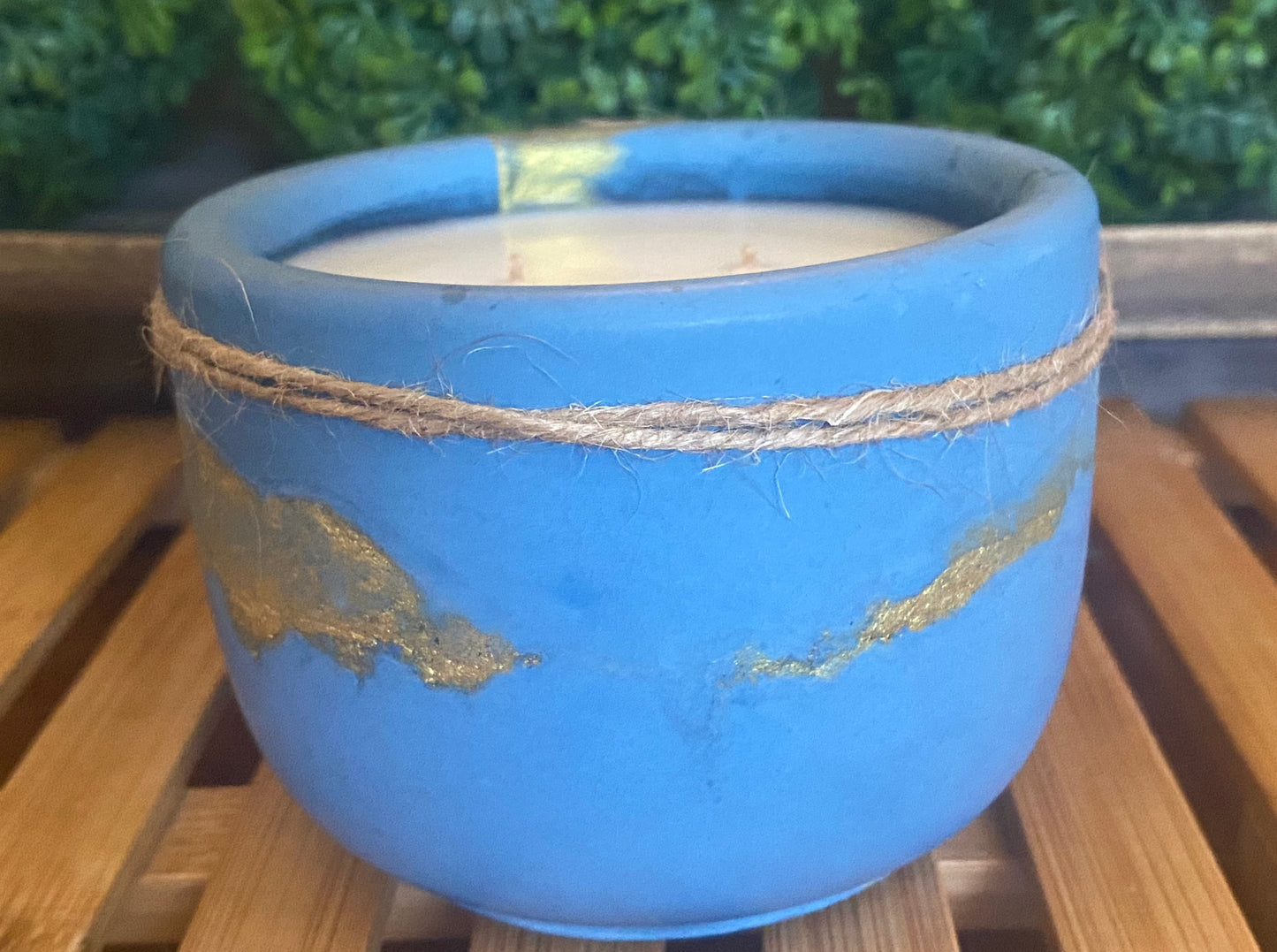 A Handcrafted Concrete Container Candle- Tulip Shape, Bright Blue/Metallic Gold -8oz Double Wick, Luxury, Long-Burning Soy Wax- Phthalate Free Fragrance