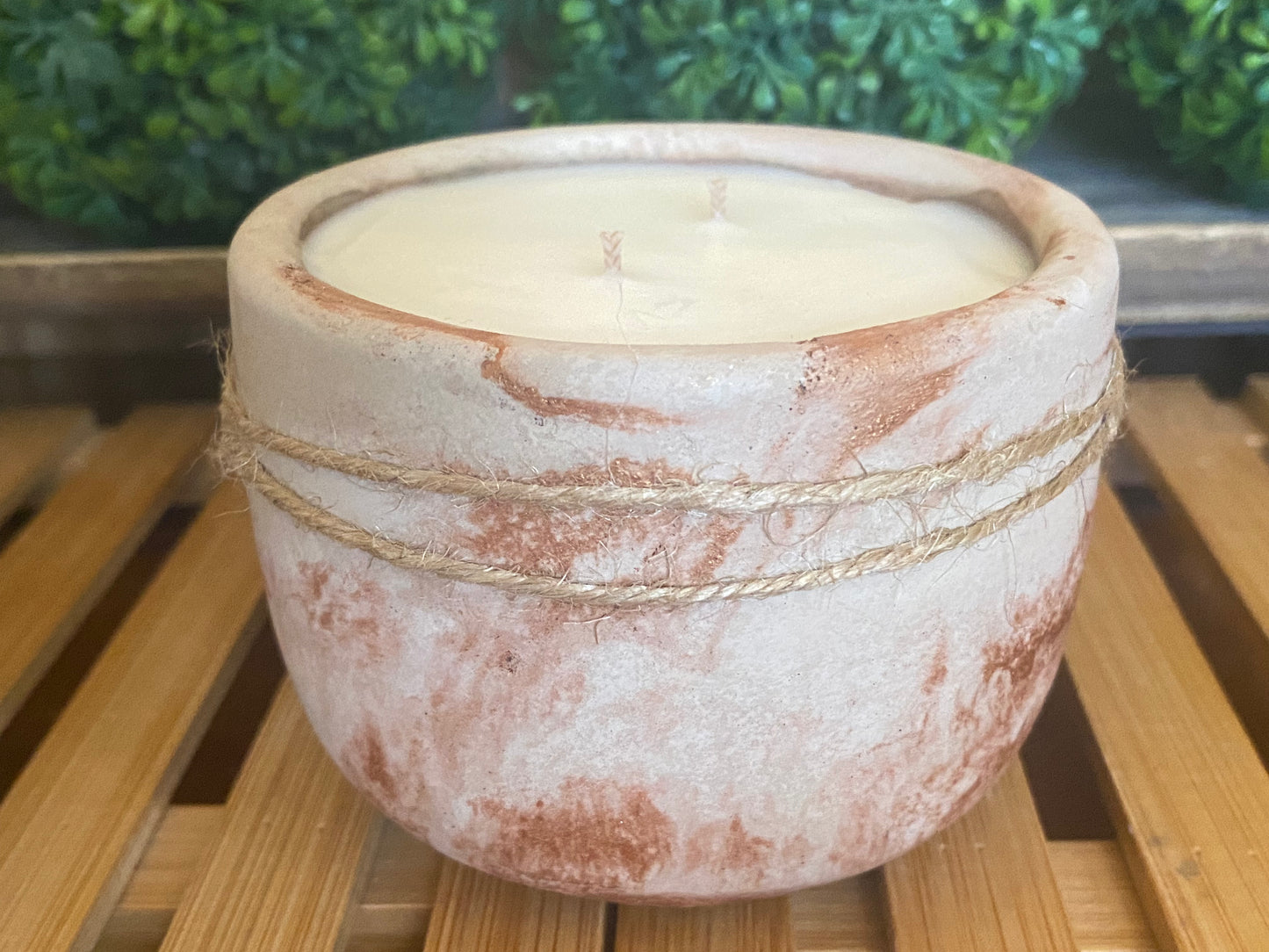 A Handcrafted Concrete Container Candle- Tulip Shape, Tan, Copper & Rose Gold Veined Candle- 8oz Double Wick, Luxury, Long-Burning Soy Wax- Phthalate Free Fragrance