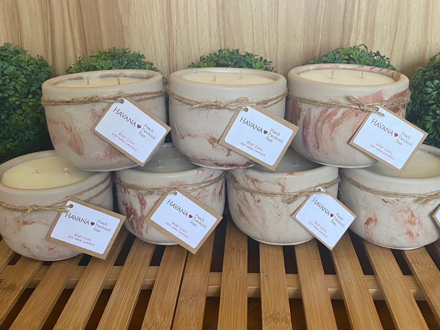 A Handcrafted Concrete Container Candle- Tulip Shape, Tan, Copper & Rose Gold Veined Candle- 8oz Double Wick, Luxury, Long-Burning Soy Wax- Phthalate Free Fragrance