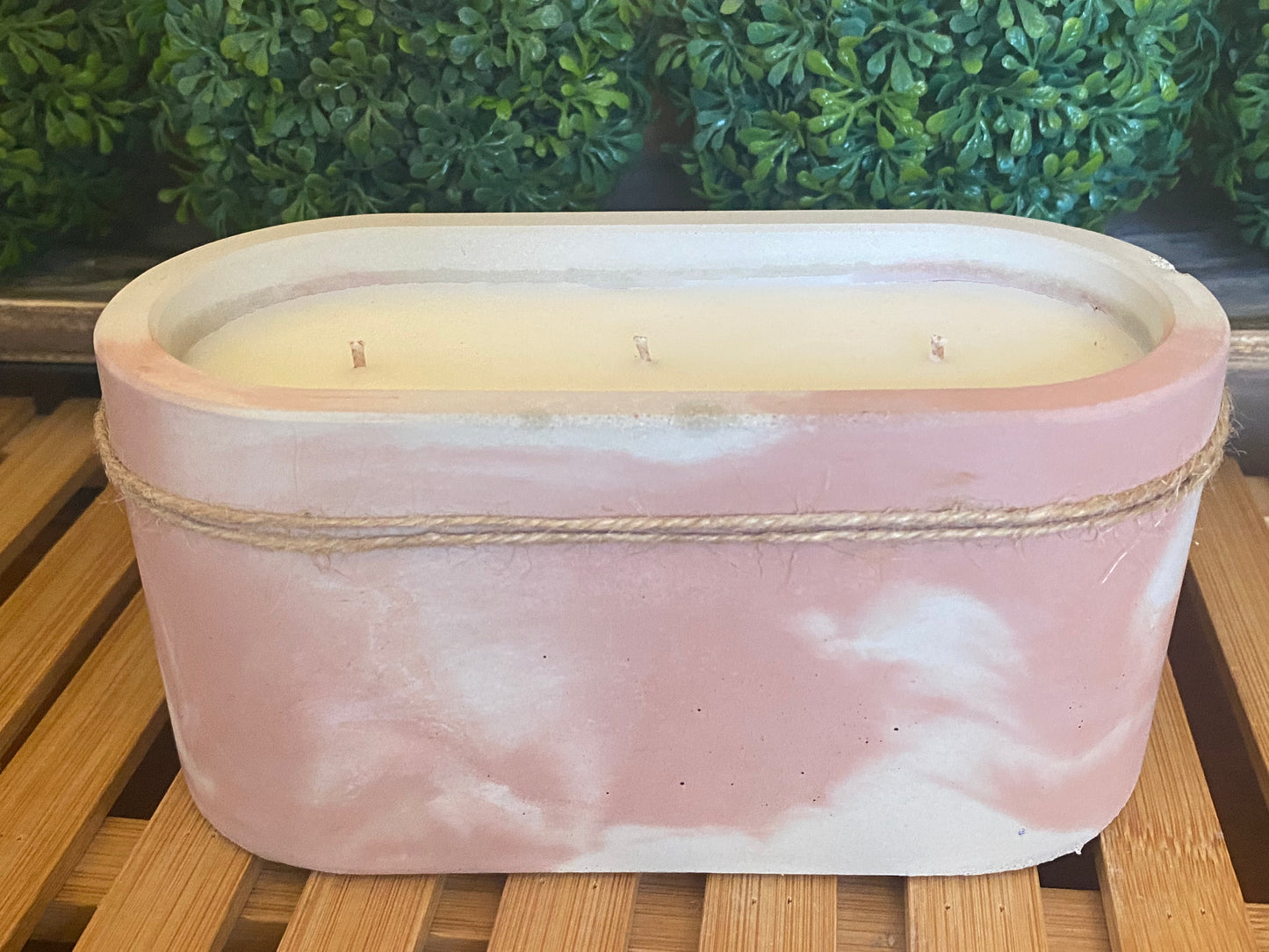 Handcrafted, Concrete, Oval Container Candle- Lt Red/White Marbled- 11.5oz Triple Wick, Luxury, Long-Burning Soy Wax- Phthalate Free Fragrance