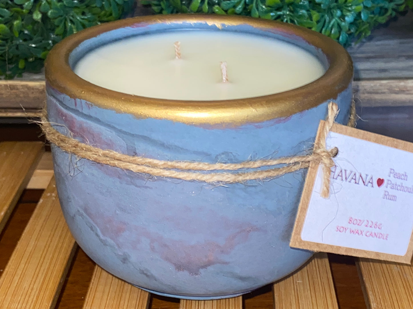 Handcrafted, Concrete, Container Candle- Tulip Shape, Gold Rim, Navy/Rose Veined- 8oz Double Wick,  Luxury, Long-Burning, Soy Wax- Phthalate Free Fragrance
