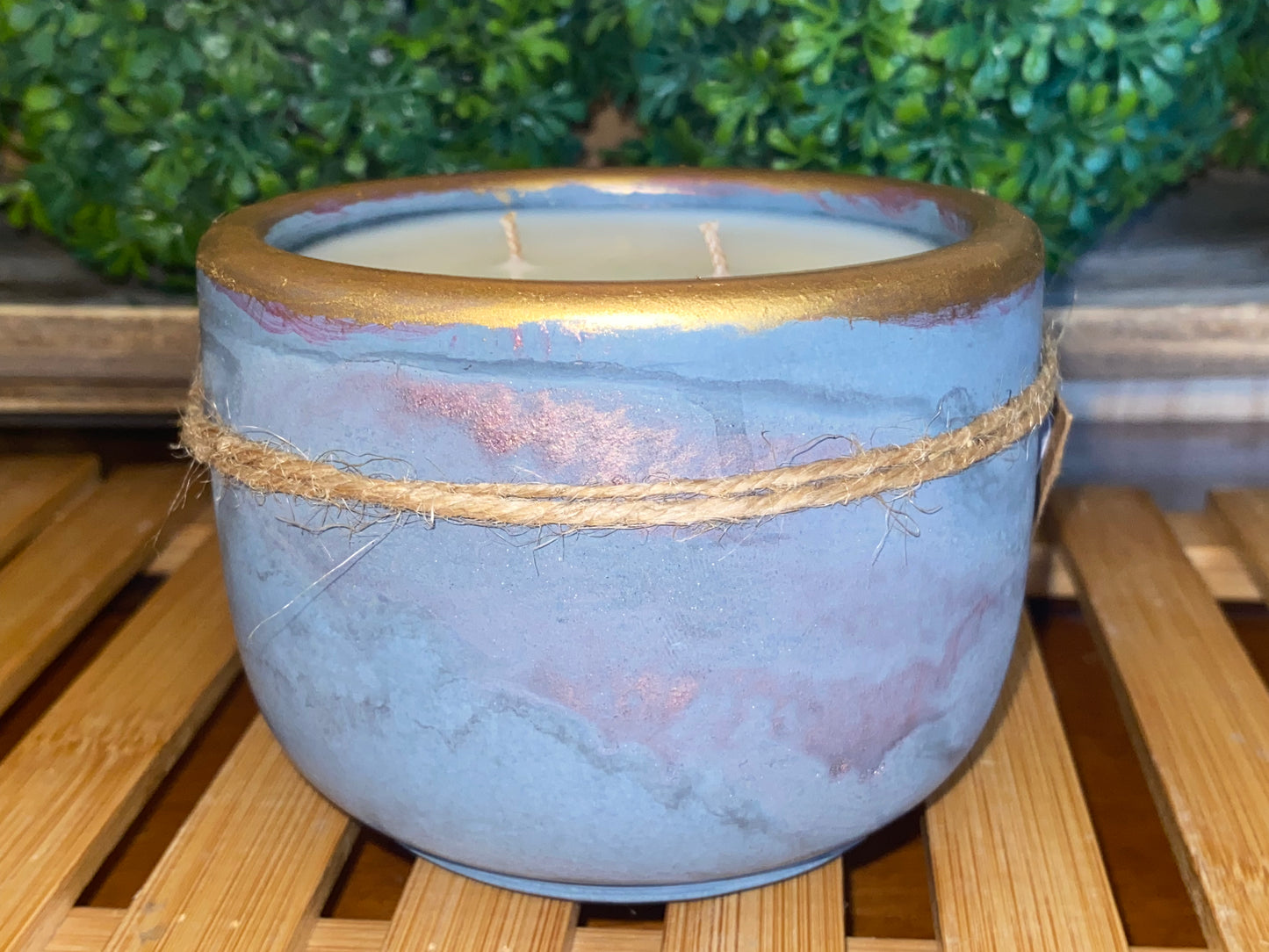 Handcrafted, Concrete, Container Candle- Tulip Shape, Gold Rim, Navy/Rose Veined- 8oz Double Wick,  Luxury, Long-Burning, Soy Wax- Phthalate Free Fragrance