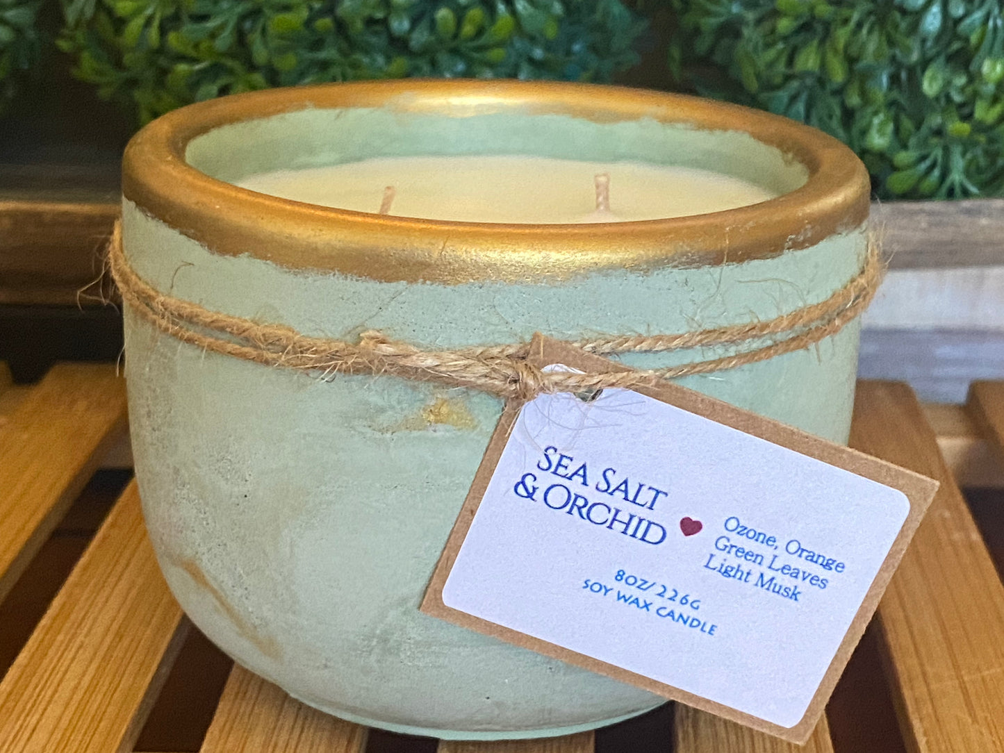 A Handcrafted Concrete Container Candle- Tulip Shape, Green/ Gold Veined Candle- 8oz Double Wick, Luxury, Long-Burning Soy Wax- Phthalate Free Fragrance