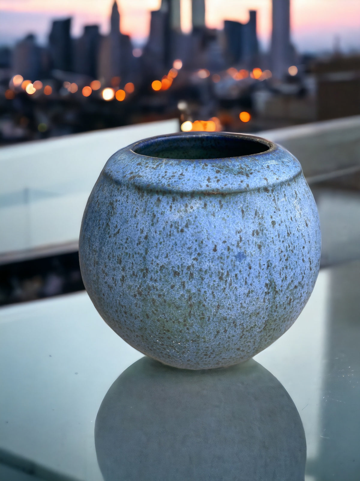 Wheel-Thrown Pottery Art Piece- Channel Cut Orb, Multiple Shades of Blue, with Copper Color and Speckles, Dimensions:  6h"x 6w"