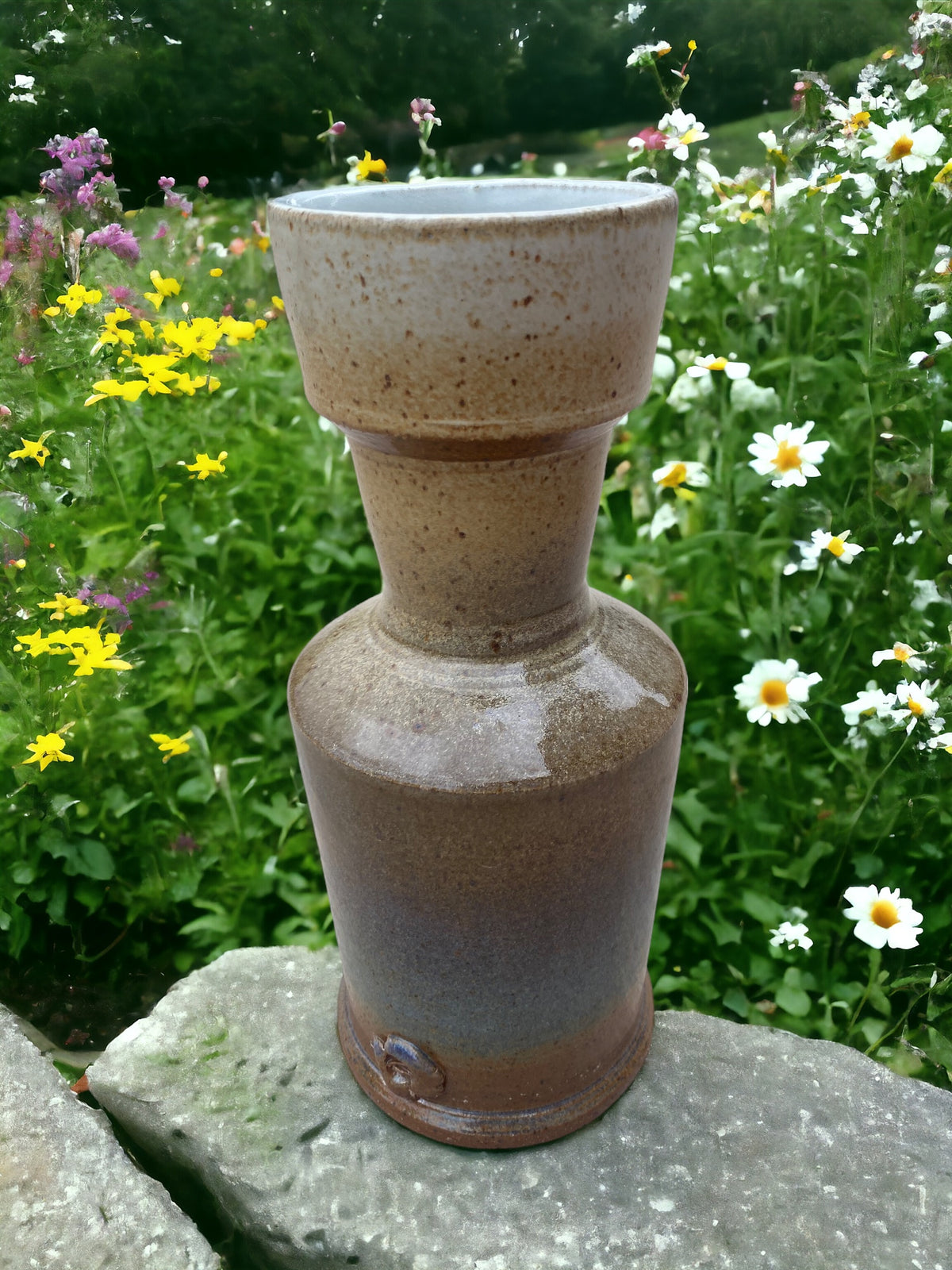 Wheel-Thrown Pottery Art Piece Decor/Vase- Speckled, Cream & Shades of Warm Brown, w/ hues of purple/gray/blue Vase, Dimensions:  11.5h"x4.5w"