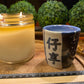 Handcrafted, Wheel-Thrown Container Candle- Small Blue Vessel, White Striped-Asian Writing- Luxury, 4.5ozLong-Burning Soy Wax- Phthalate Free Fragrance