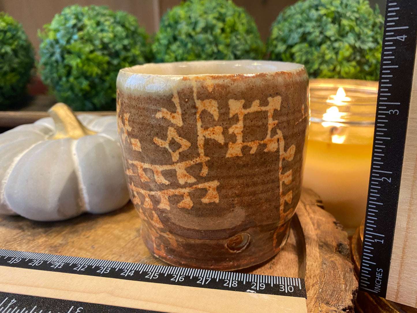 Handcrafted, Wheel-Thrown Container Candle- Small Brown Vessel, Tan Aztec Glazed Designs- 8oz Luxury, Long-Burning Soy Wax- Phthalate Free Fragrance
