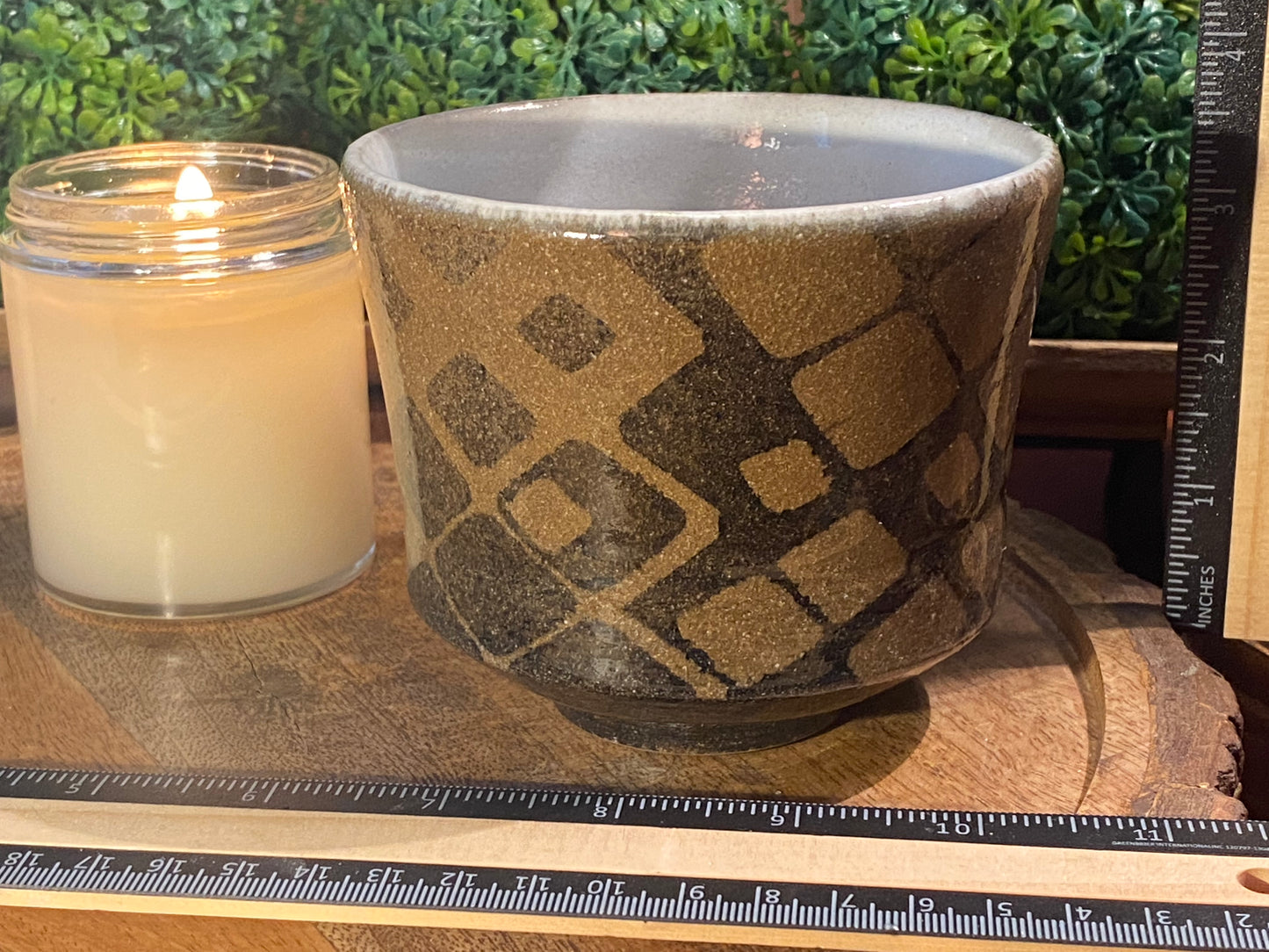 Handcrafted, Wheel-Thrown Container Candle- Large Black/Brown Vessel w Glazed Diamond Pattern- 11oz Luxury, Long-Burning Soy Wax- Phthalate Free Fragrance