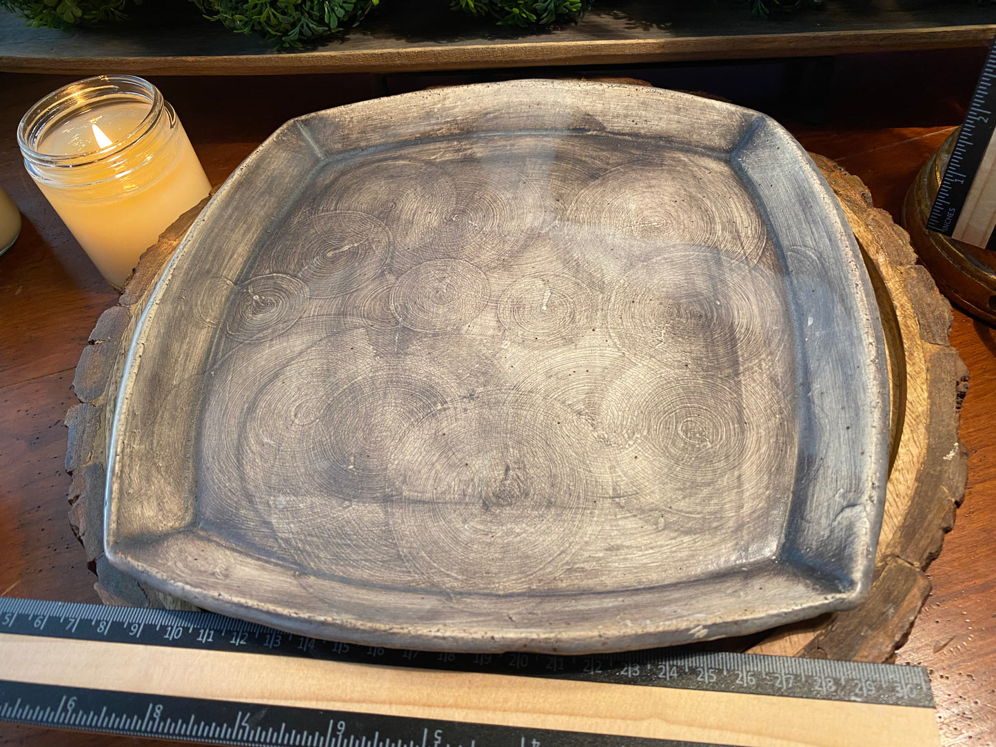 Handcrafted, Unique, Pottery Plate- X-Large Square Gray Circles